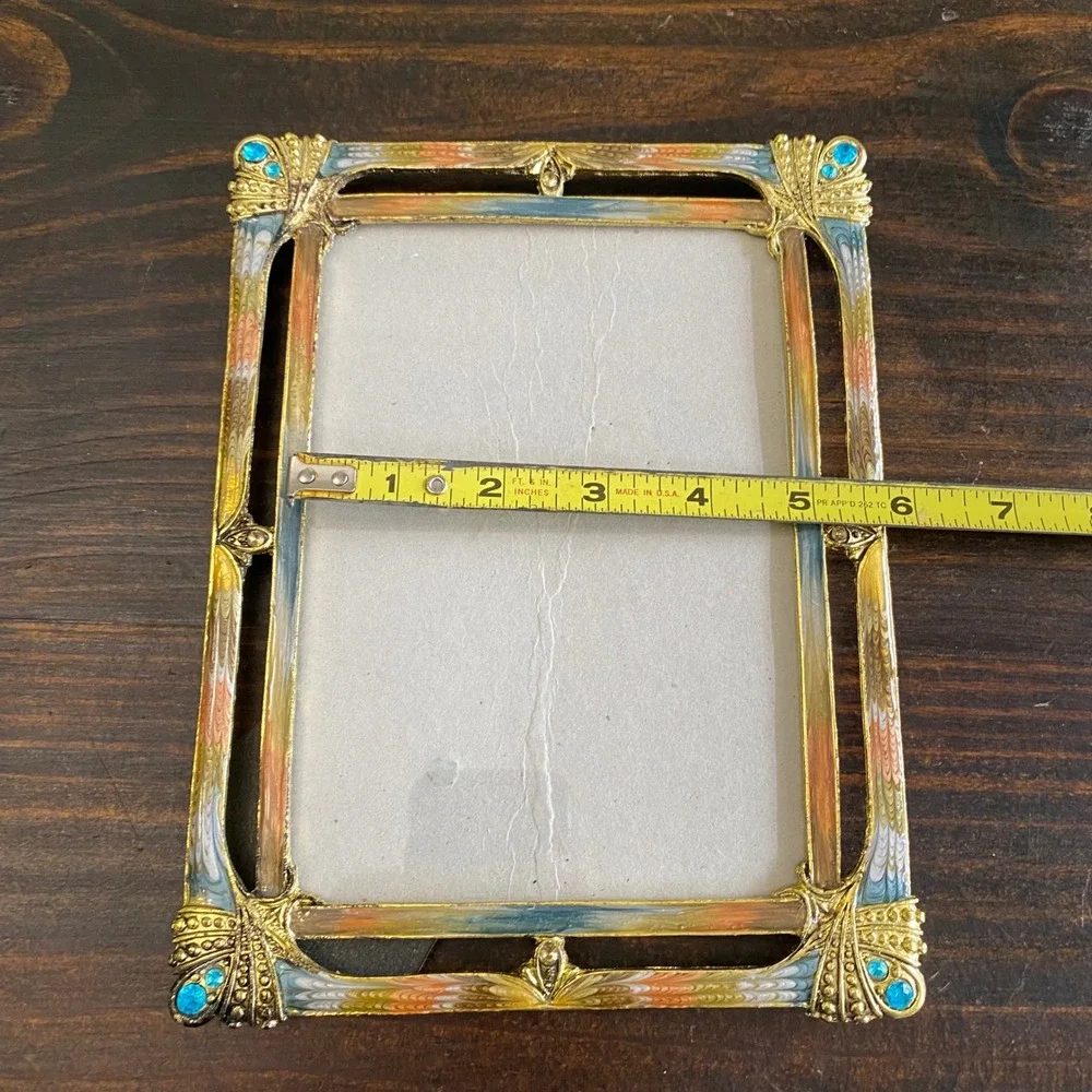 Vintage Art Nouveau Style Enameled Metal Photo Frame Gold Blue Rhinestone 5x7